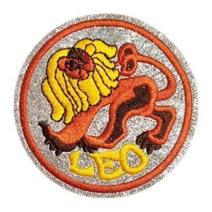 Glitter Embroidered Round Leo Zodiac Iron On Patch Silver Orange Yellow Brown